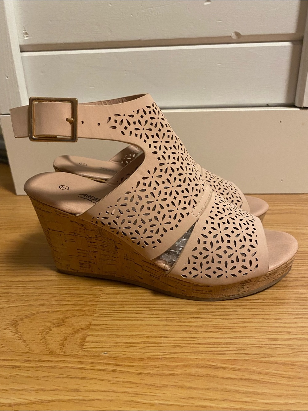 Pale pink wedge sandals floral with cork heel size 7